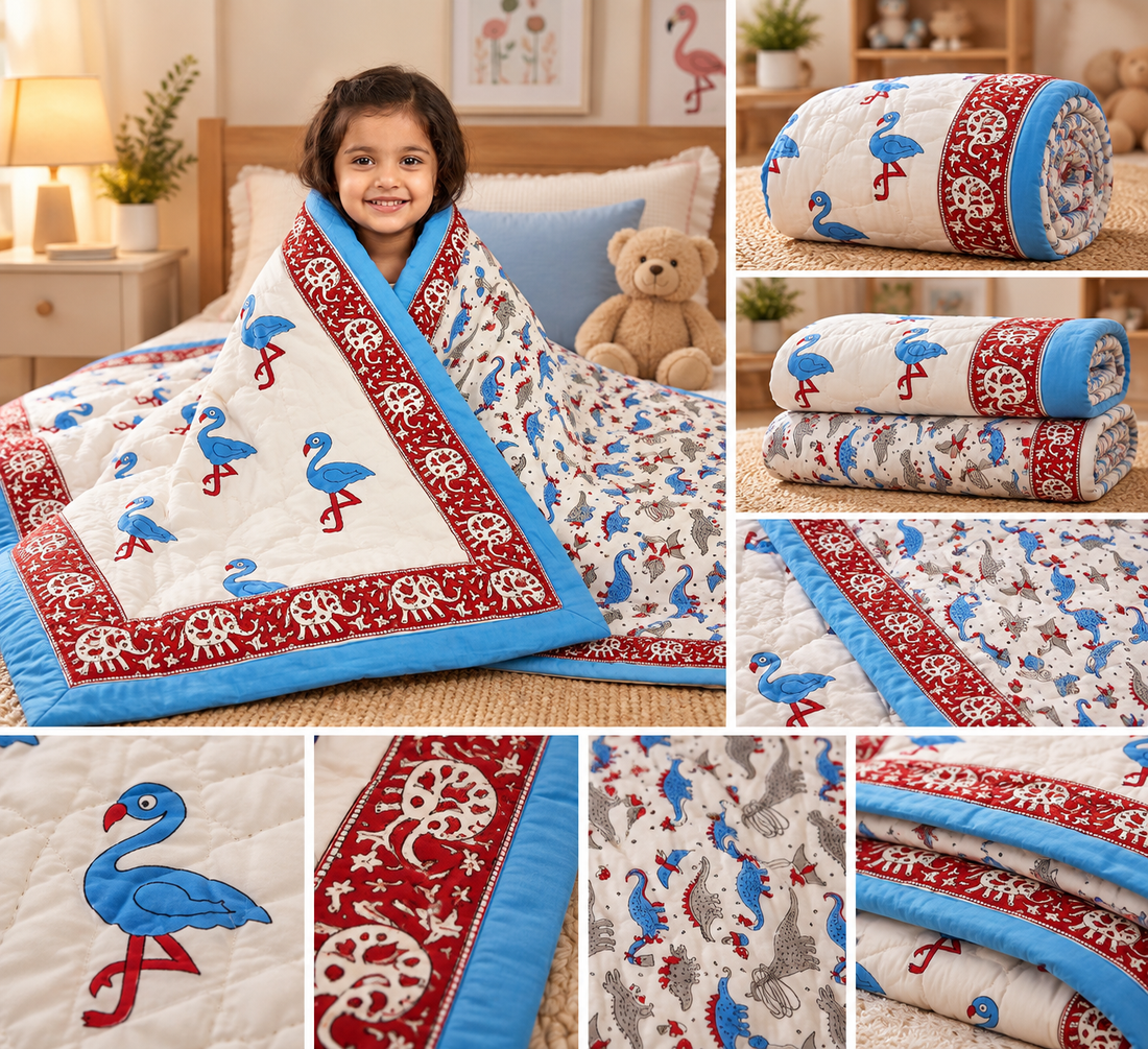 Little Flamingo Trails Reversible Kids Razai – Single Size (55 × 85 inches / 140 × 216 cm)