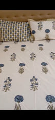Blue Meadow Block Print – Fitted Sheet (210 x 200 + 30 cm) | 100% Percale Cotton | All Around Elastic