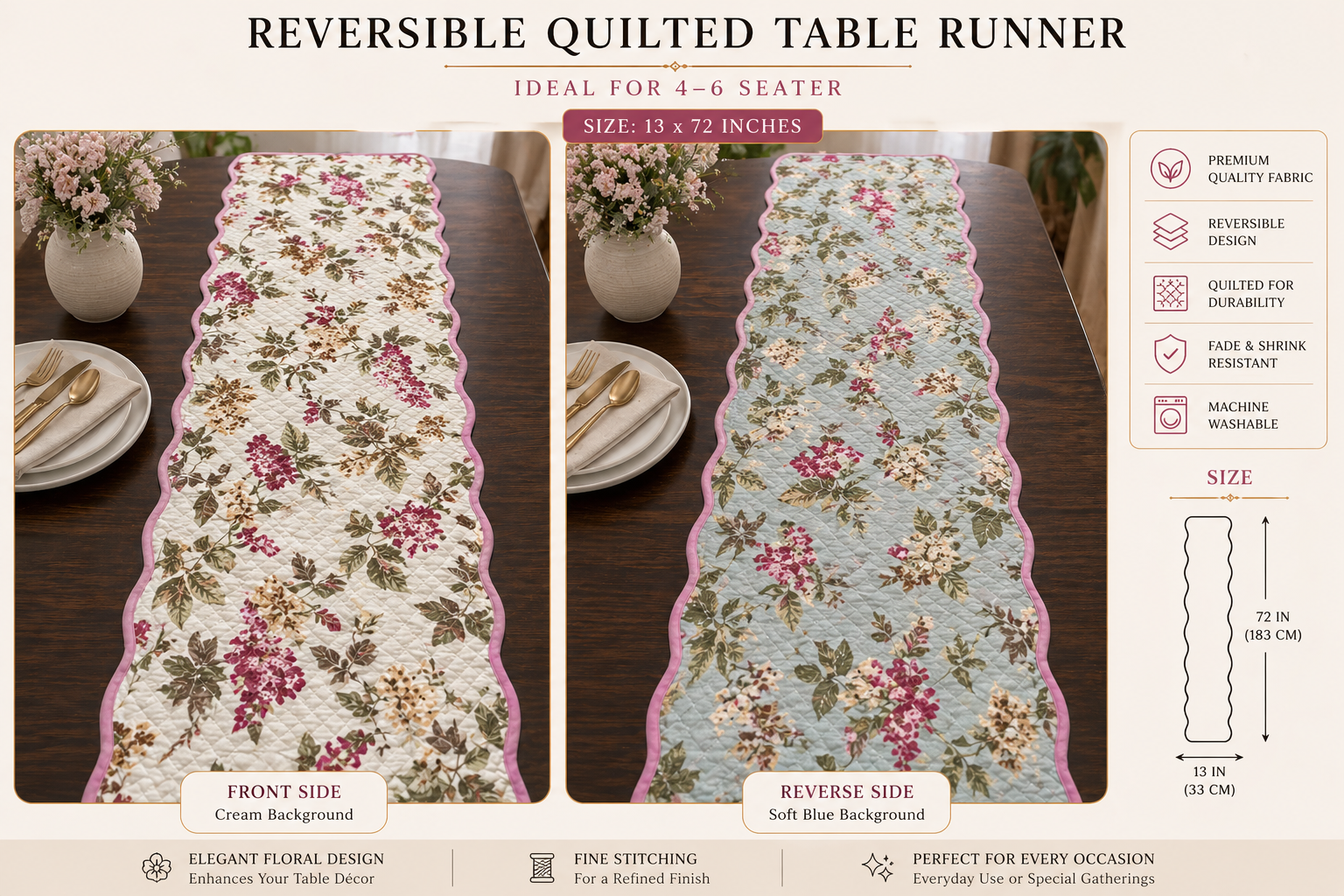 Reversible Quilted Table Runner – 13 x 72 inches | Ideal for 4–6 Seater