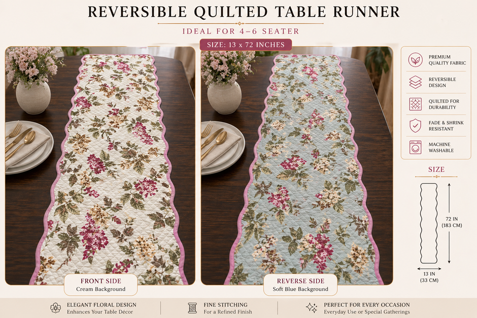 Reversible Quilted Table Runner – 13 x 72 inches | Ideal for 4–6 Seater