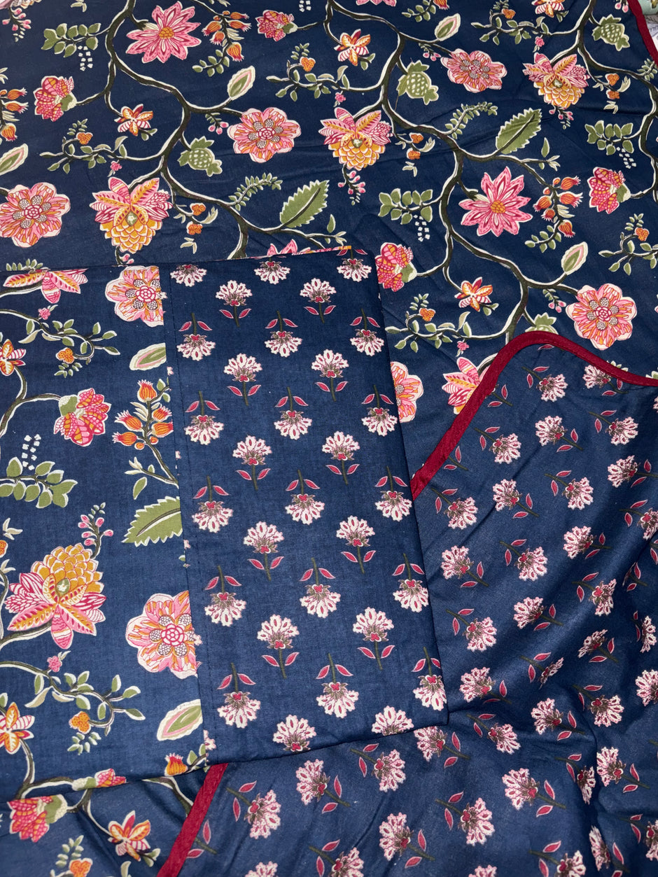 Set - Dohar + Bedsheet - Midnight Blossom Ajrakh Dohar - Bedsheet Set – 100% Jaipuri Cotton | Super King Bedsheet (270 x 270 cm)  + Standard King Dohar | 2 Pillow Covers