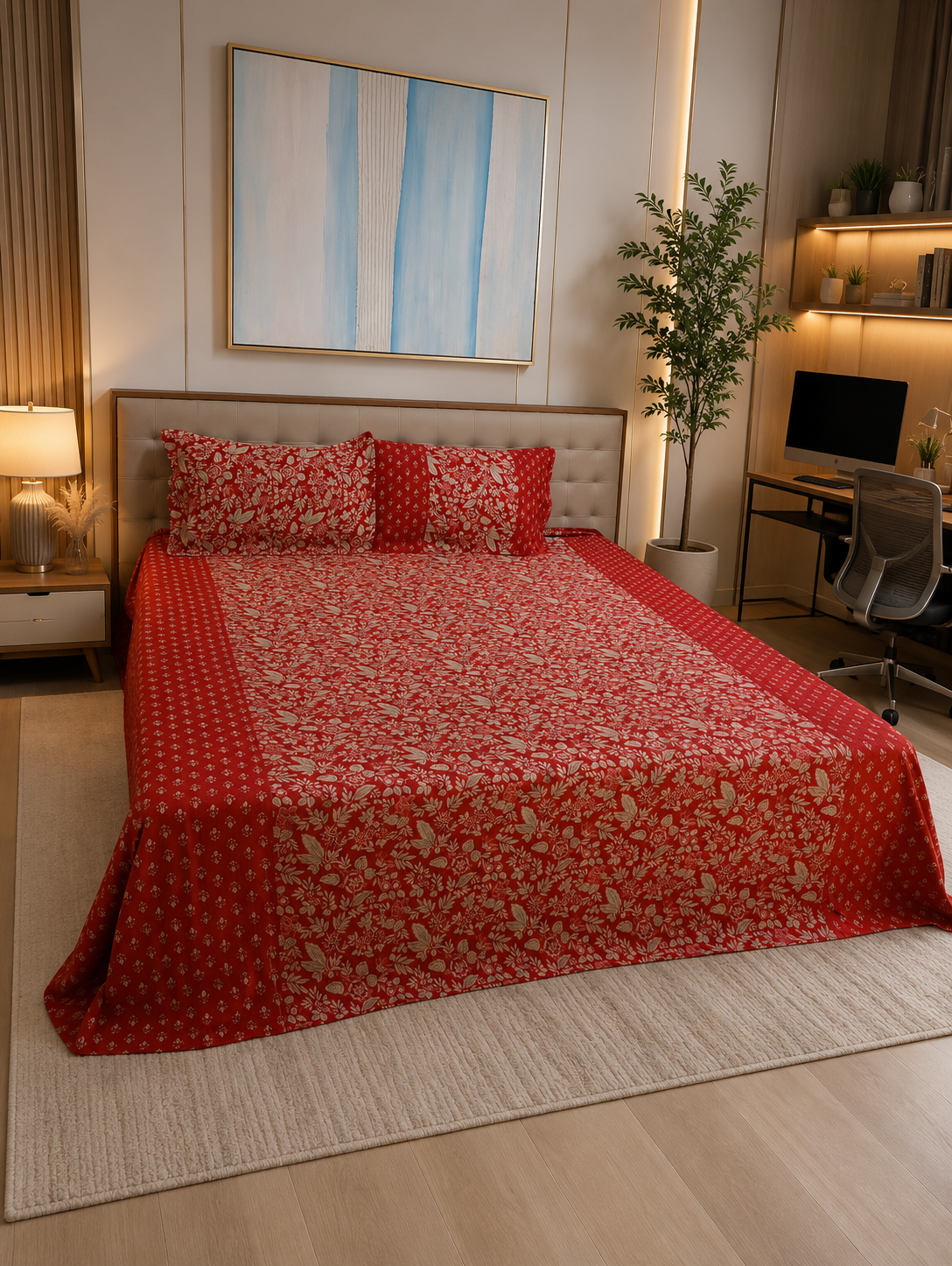 Rust Heritage Ajrakh – Super King Size Bedsheet (274 x 274 cm) | 100% Pure Cotton | Includes 2 Pillow Covers