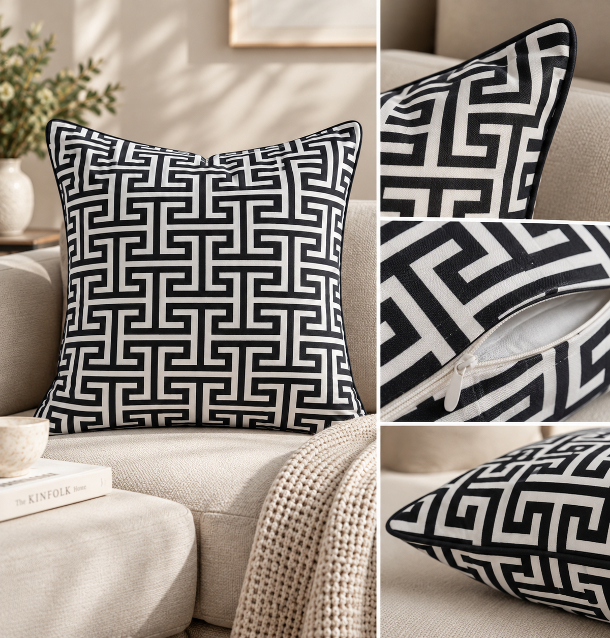 Jaipuri Shyam Saaz Cushion Cover – 50 × 50 cm | Cotton | Black & Ivory Geometric Maze Print | 1 Piece