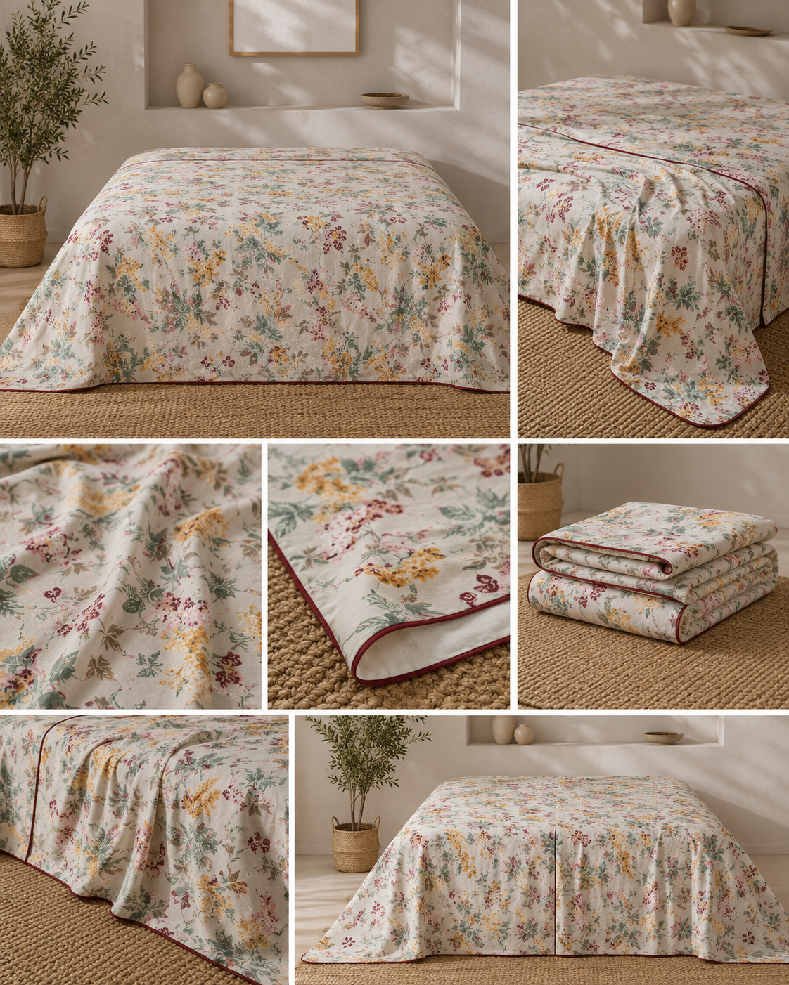 Soft Yellow Beige Botanical Bloom Muslin Cotton Dohar – King Size (220 × 240 cm) | 100% Muslin Cotton | 1 Piece