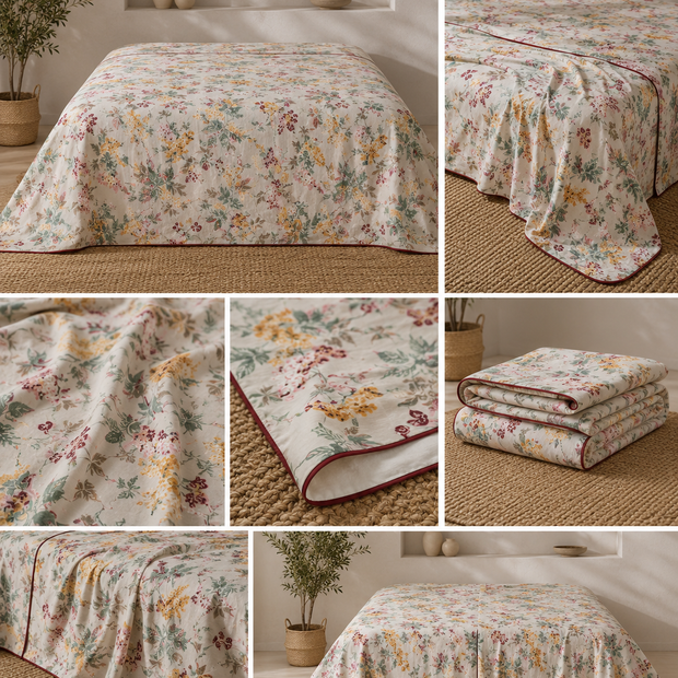 Soft Yellow Beige Botanical Bloom Muslin Cotton Dohar – King Size (220 × 240 cm) | 100% Muslin Cotton | 1 Piece
