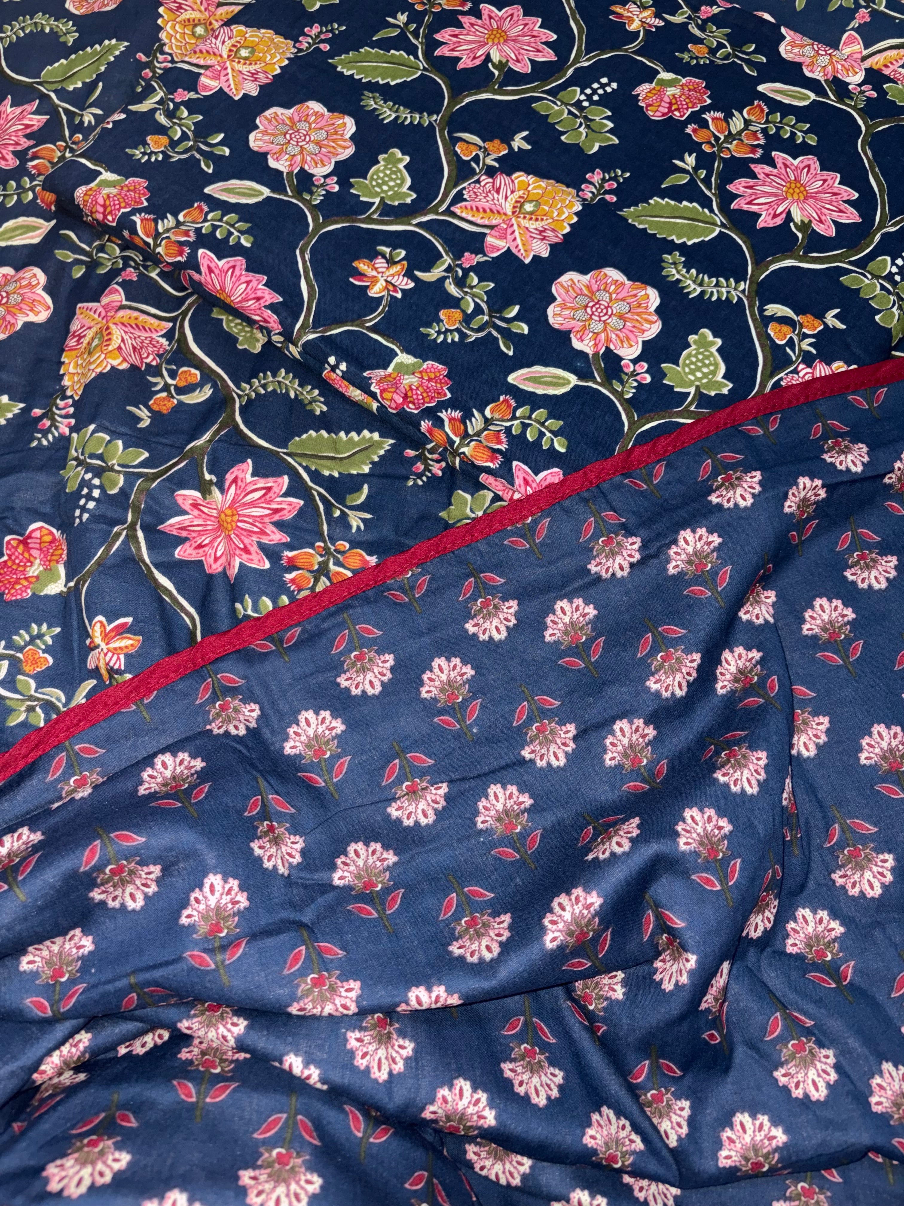 Set - Dohar + Bedsheet - Midnight Blossom Ajrakh Dohar - Bedsheet Set – 100% Jaipuri Cotton | Super King Bedsheet (270 x 270 cm)  + Standard King Dohar | 2 Pillow Covers