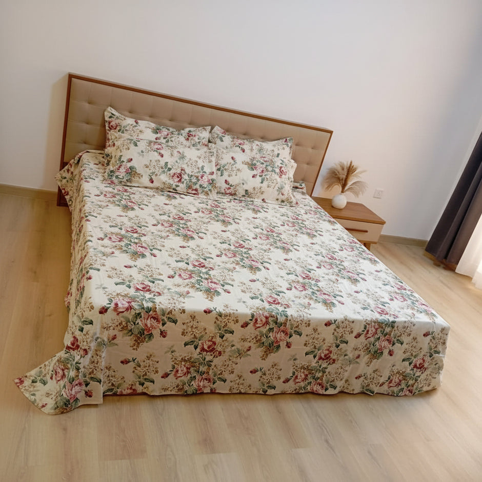 Soft Beige Anokhi Blossom – Super King Size Jaipuri Cotton Bedsheet (270 x 270 cm) | Includes 2 Pillow Covers