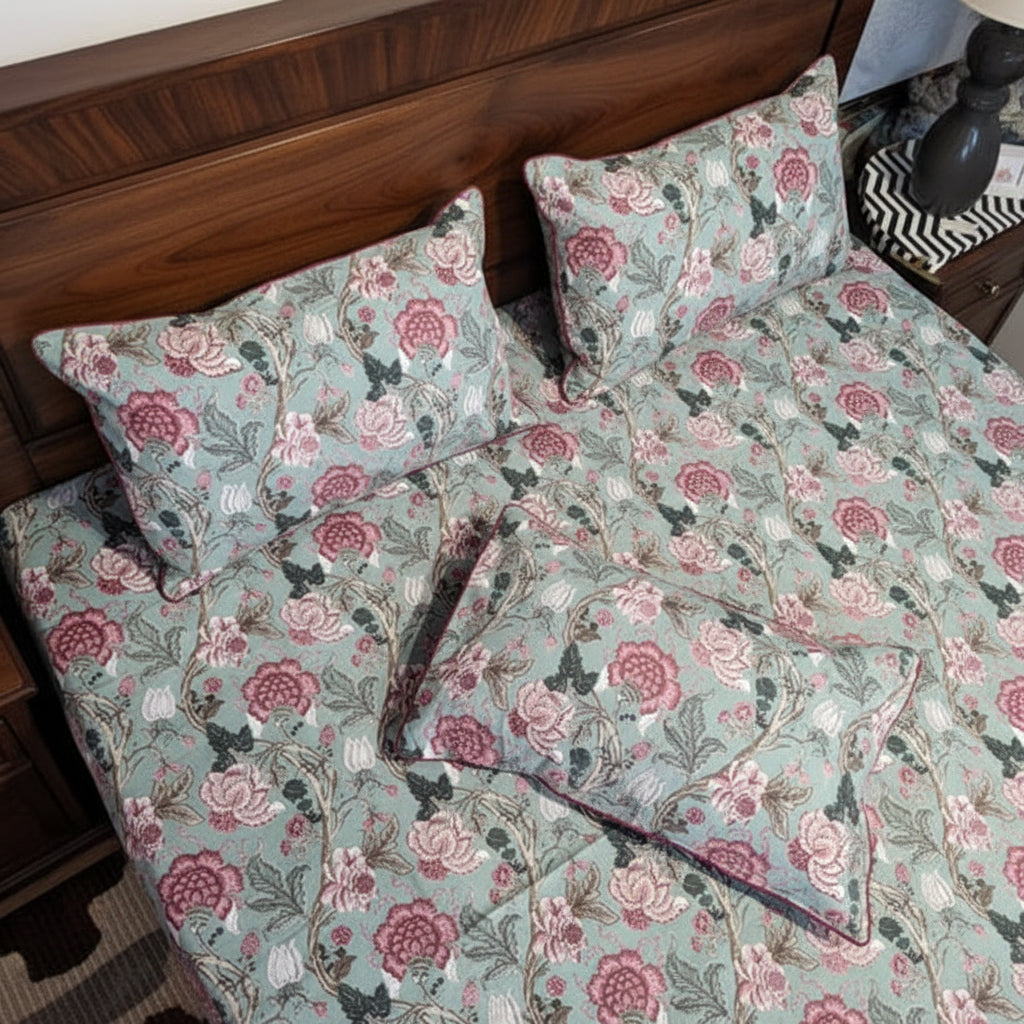 Sagewood Blossom – Super King Size Bedsheet (274 x 274 cm) | 100% Percale Cotton | Includes 2 Pillow Covers