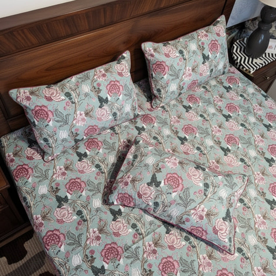 Sagewood Blossom – Super King Size Bedsheet (274 x 274 cm) | 100% Percale Cotton | Includes 2 Pillow Covers