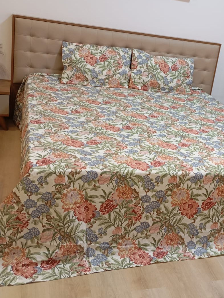 Blueberry Bloom Haven – Super King Size Bedsheet (274 x 274 cm) | 100% Jaipuri Cotton | Includes 2 Pillow Covers