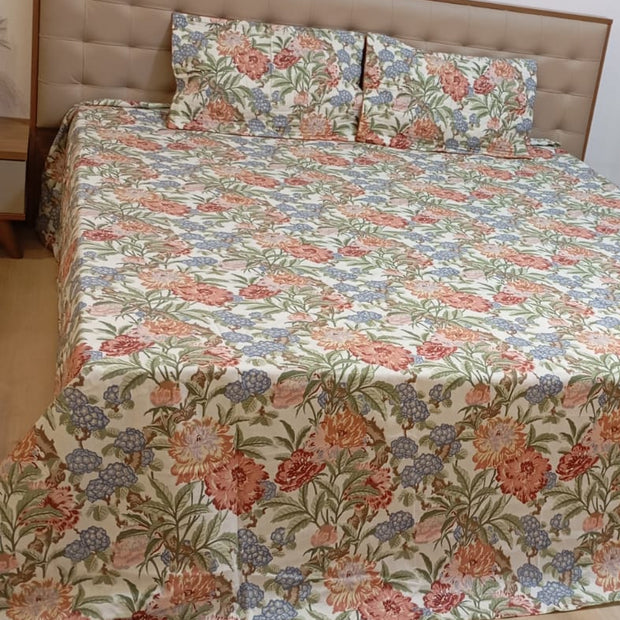 Blueberry Bloom Haven – Super King Size Bedsheet (274 x 274 cm) | 100% Jaipuri Cotton | Includes 2 Pillow Covers