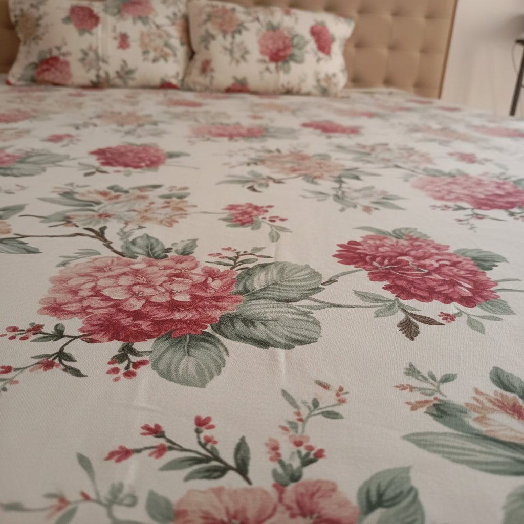 Rosé Hydrangea Bloom – Jumbo King Size Bedsheet (270 x 305 cm) | 100% Jaipuri Cotton | Includes 2 Pillow Covers