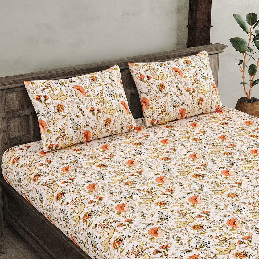 Ivory Blossom Trail – Super King Size Bedsheet (274 x 274 cm) | 100% Jaipuri Cotton | Includes 2 Pillow Covers