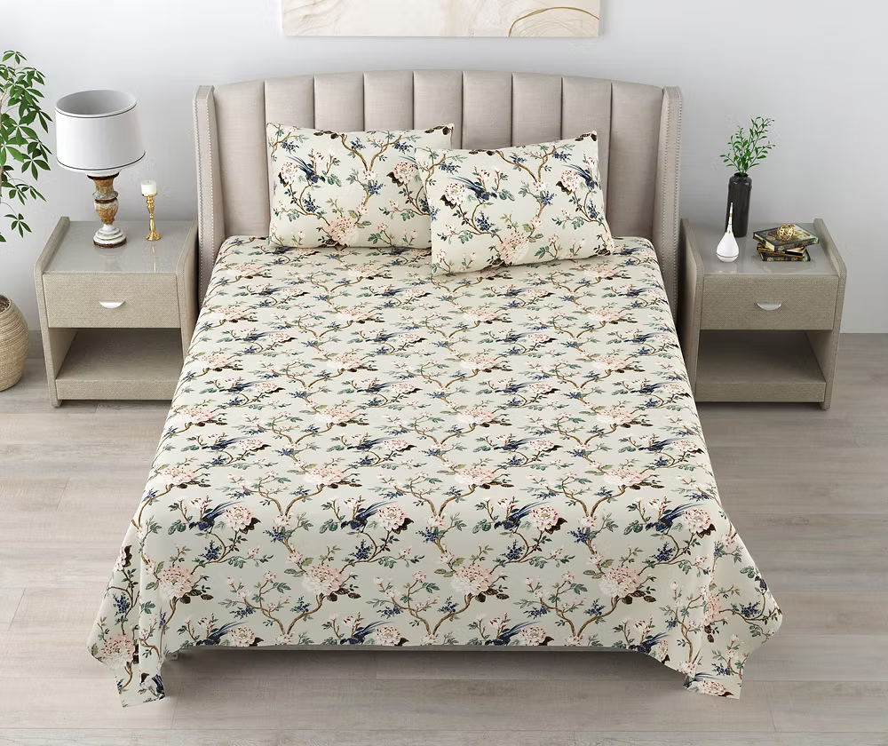 Blush Garden Birdsong – Super King Size Bedsheet (274 x 274 cm) | 100% Jaipuri Cotton | Includes 2 Pillow Covers