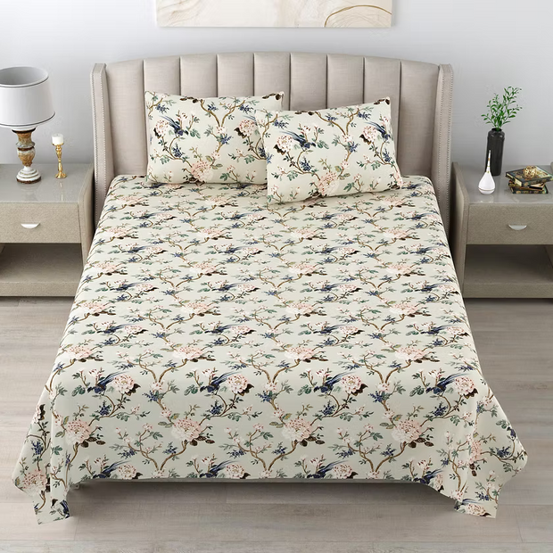 Blush Garden Birdsong – Super King Size Bedsheet (274 x 274 cm) | 100% Jaipuri Cotton | Includes 2 Pillow Covers
