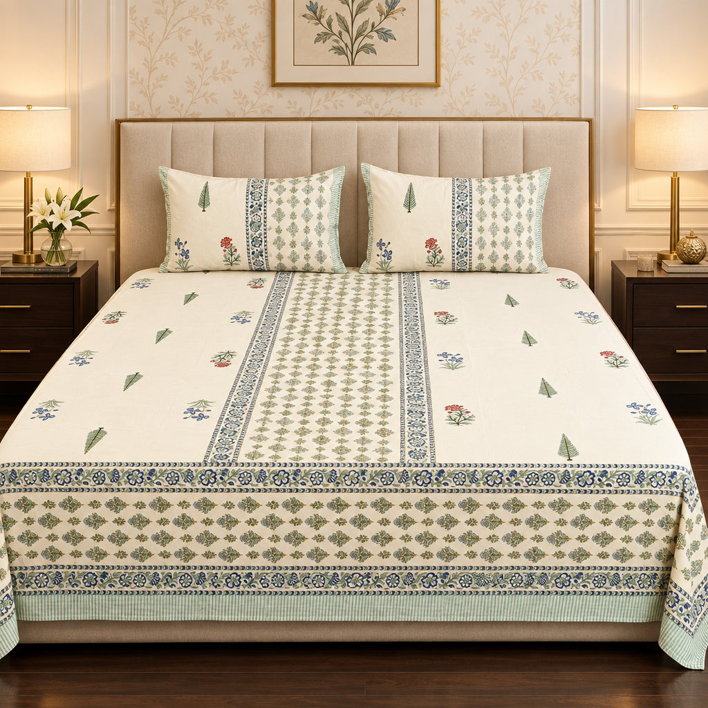 Ivory Cream Gulbahar Garden – Super King Size Bedsheet (274 × 274 cm) | Jaipuri Cotton | Includes 2 Pillow Covers