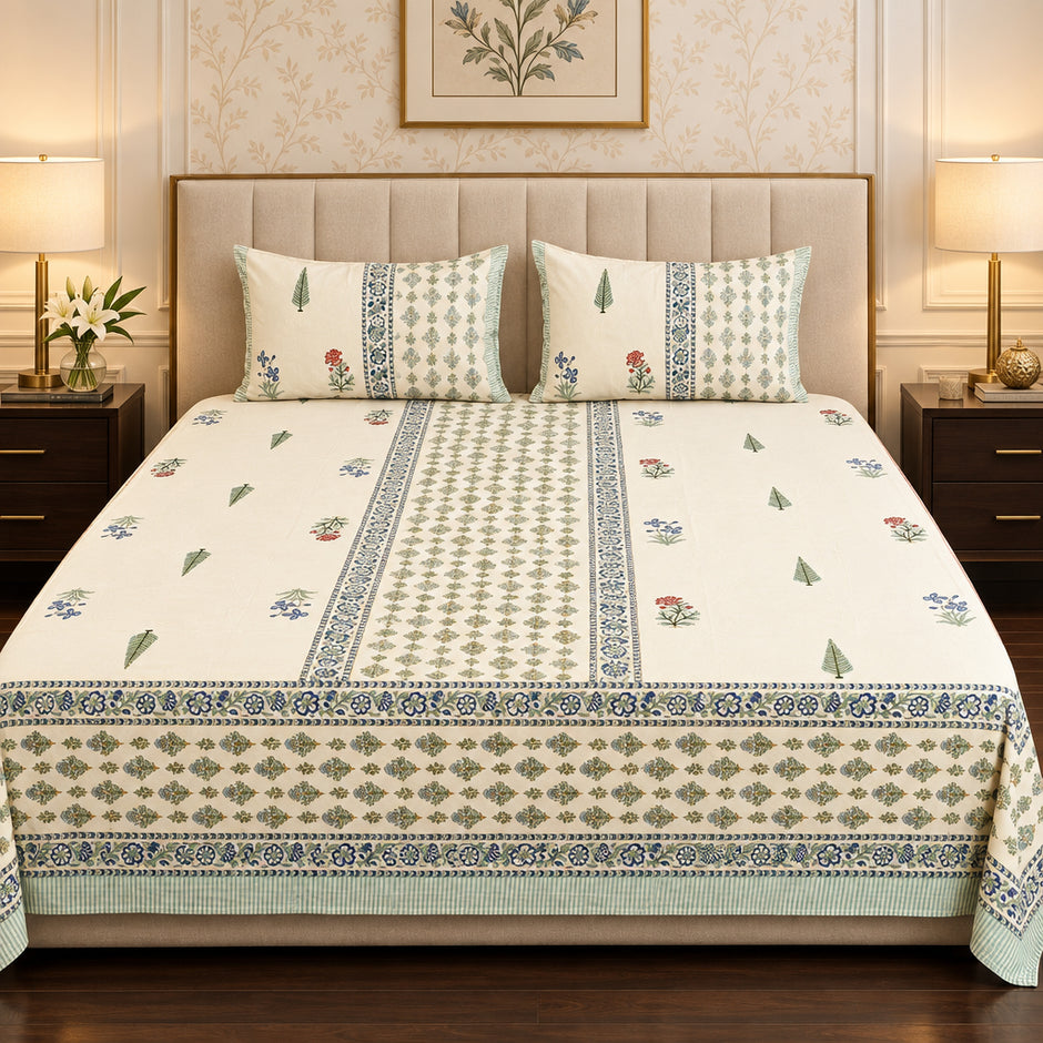 Ivory Cream Gulbahar Garden – Super King Size Bedsheet (274 × 274 cm) | Jaipuri Cotton | Includes 2 Pillow Covers