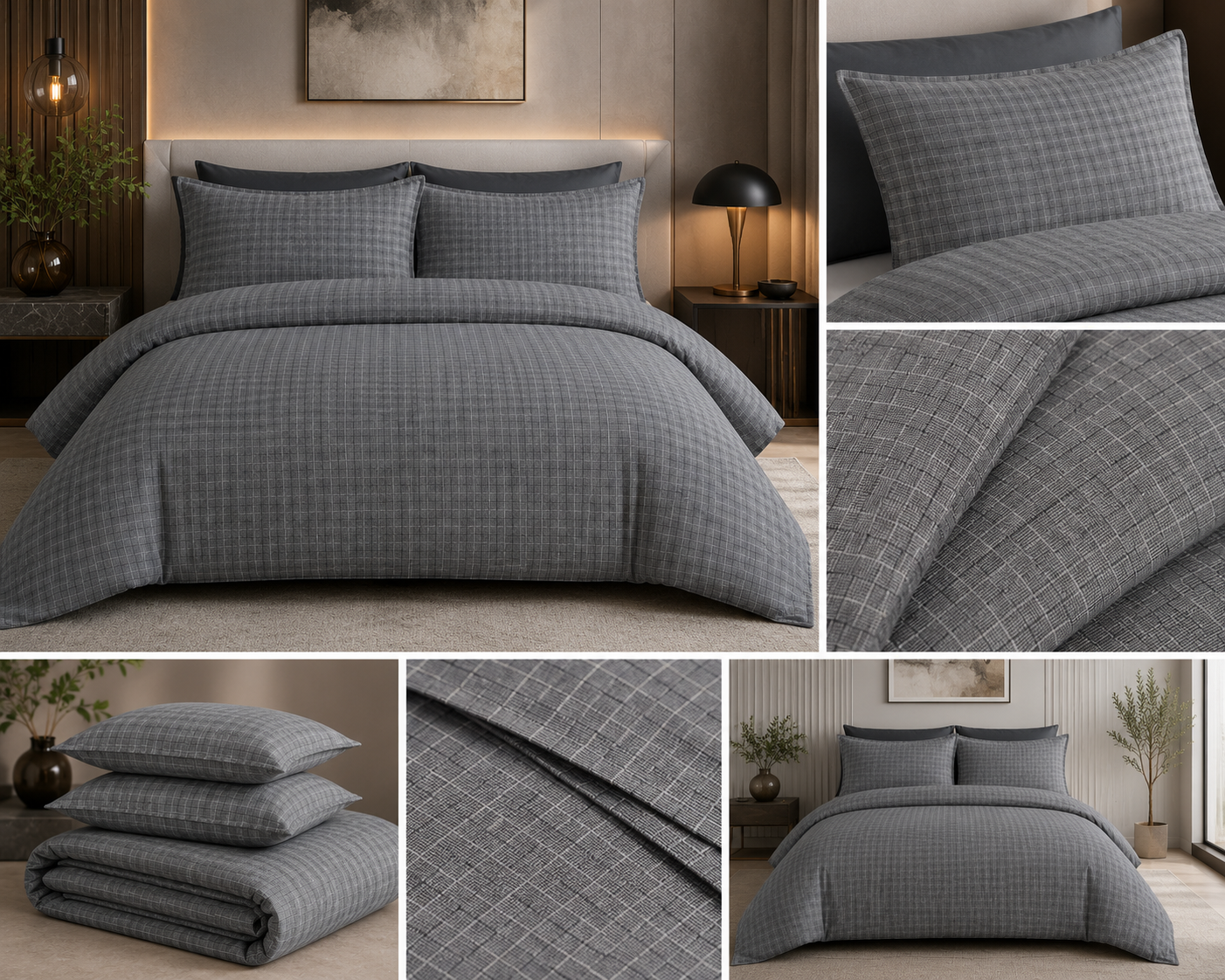 Grey Check Luxury Duvet Cover Set – King Size (230 × 220 cm) | 3-Piece duvet cover and pillow covers Set