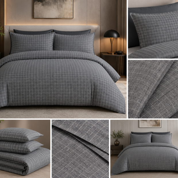 Grey Check Luxury Duvet Cover Set – King Size (230 × 220 cm) | 3-Piece duvet cover and pillow covers Set