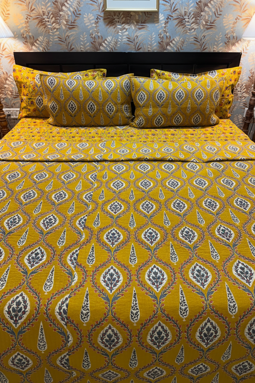 Mustard Golden Yellow Ajrakh Elegance Luxury Bedding Set – Super King Bedsheet + Reversible King Quilted Bedspread | 100% Pure Jaipuri Cotton | 6-Piece Set