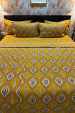Mustard Golden Yellow Ajrakh Elegance Luxury Bedding Set – Super King Bedsheet + Reversible King Quilted Bedspread | 100% Pure Jaipuri Cotton | 6-Piece Set