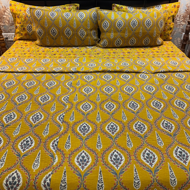 Mustard Golden Yellow Ajrakh Elegance Luxury Bedding Set – Super King Bedsheet + Reversible King Quilted Bedspread | 100% Pure Jaipuri Cotton | 6-Piece Set
