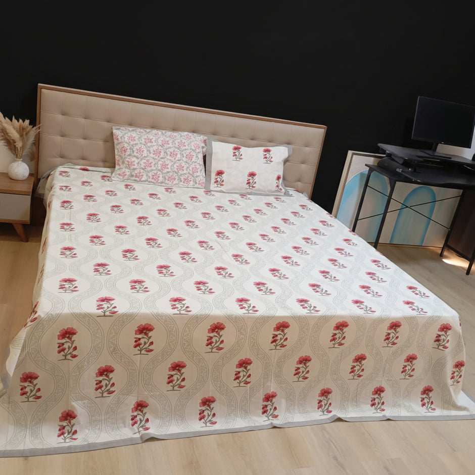 Roselle Veil – Queen Size Bedsheet (228 x 254 cm) | 100% Jaipuri Cotton | Includes 2 Pillow Covers