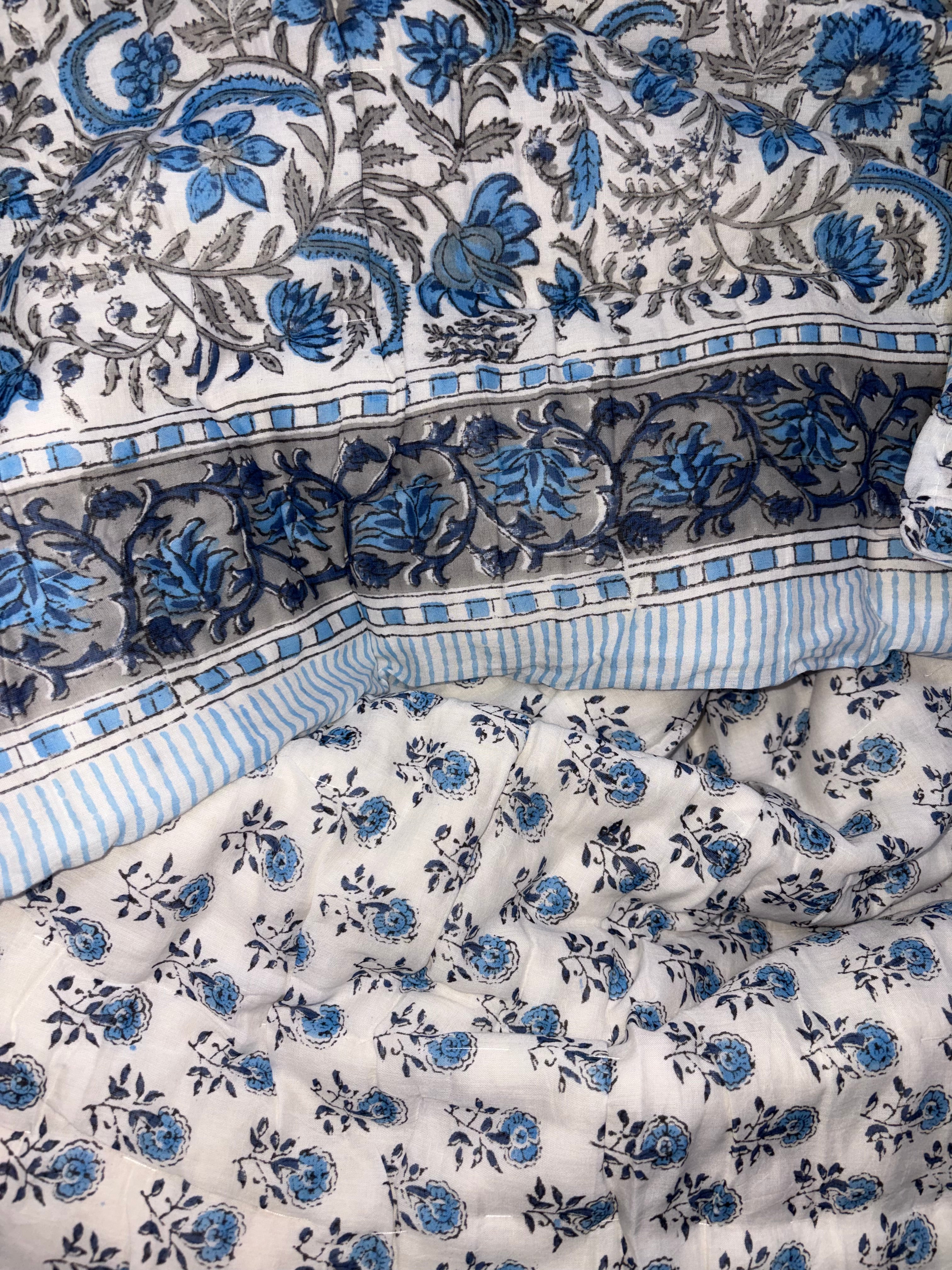 Azure Blue Blossom – King Size Reversible Muslin Cotton Razai | Organic Cotton Filling | Hand Stitched
