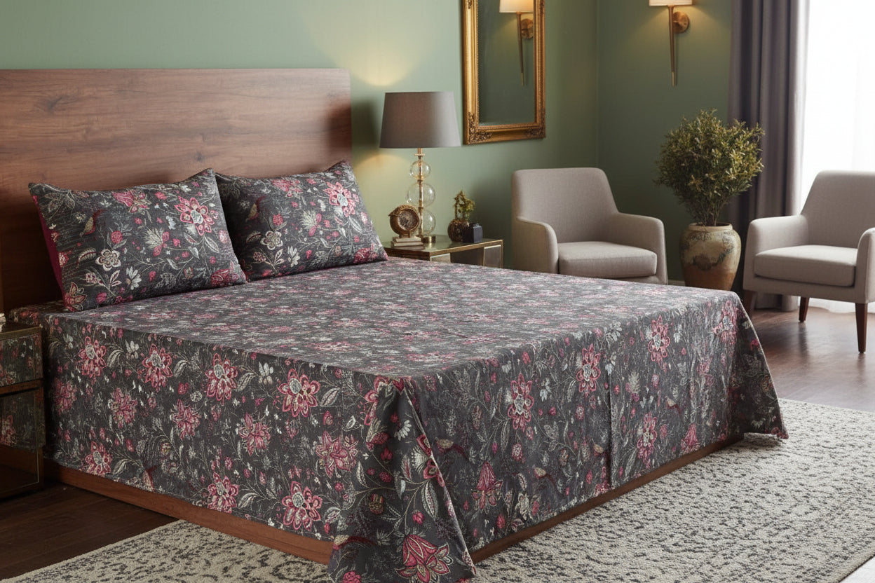 Dark Grey Floral Bird Garden – Super King Size Bedsheet (274 x 274 cm) | 100% Jaipuri Cotton | Includes 2 Pillow Covers