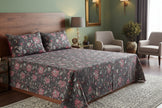 Dark Grey Floral Bird Garden – Super King Size Bedsheet (274 x 274 cm) | 100% Jaipuri Cotton | Includes 2 Pillow Covers