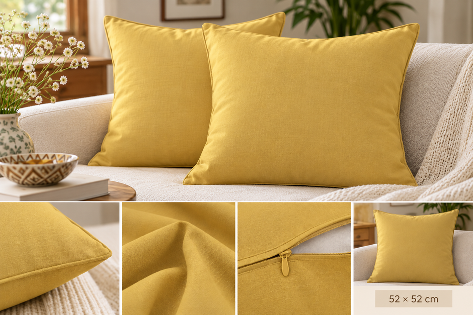 Rangrekha Cushion Cover – 52 × 52 cm | Textured Cotton | lemon yellow dull Mustard | 1 Piece