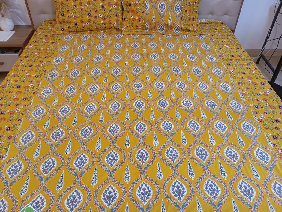 Mustard Golden Yellow Ajrakh Elegance Luxury Bedding Set – Super King Bedsheet + Reversible King Quilted Bedspread | 100% Pure Jaipuri Cotton | 6-Piece Set