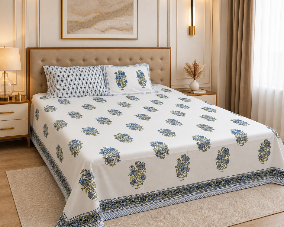 Azure Bloom – Super King Size Bedsheet (274 x 274 cm) | 100% Percale Cotton | Includes 2 Reversible Pillow Covers