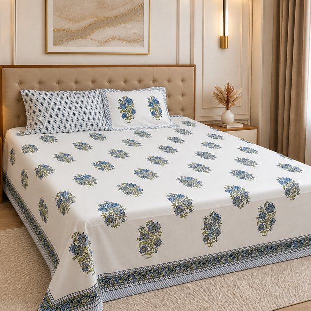 Azure Bloom – Super King Size Bedsheet (274 x 274 cm) | 100% Percale Cotton | Includes 2 Reversible Pillow Covers