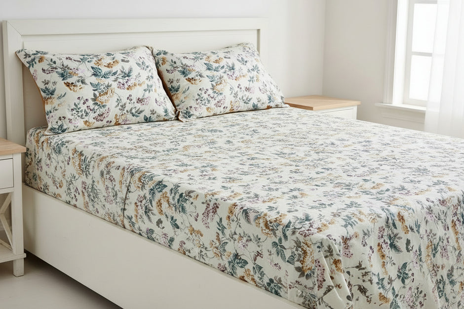 Soft Yellow Beige Botanical Bloom – Super King Size Bedsheet (274 x 274 cm) | 100% Jaipuri Cotton | Includes 2 Pillow Covers