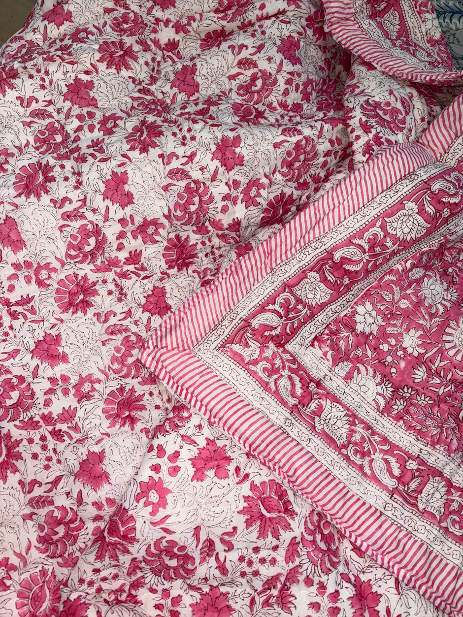 Roselle Bloom – King Size Reversible Muslin Cotton Razai Blanket | Organic Cotton Filling | Hand Stitched