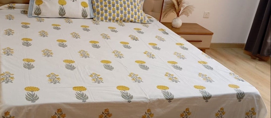 Golden Meadow Floral – Hand  Block Print Fitted Sheet (210 x 200 + 30 cm) | 100% Percale Cotton | All Around Elastic