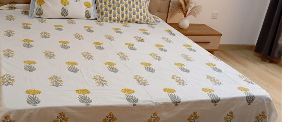 Golden Meadow Floral – Hand  Block Print Fitted Sheet (210 x 200 + 30 cm) | 100% Percale Cotton | All Around Elastic