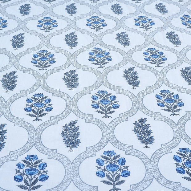 Indigo Lattice Bloom Block Print – Super King Size Bedsheet (274 x 274 cm) | 100% Jaipuri Cotton | Includes 2 Pillow Covers
