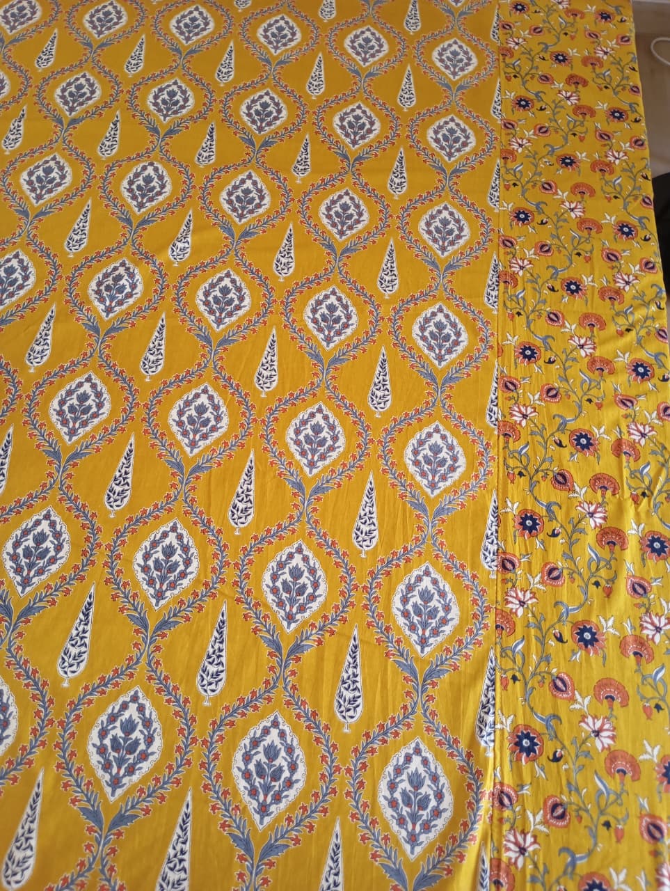Mustard Golden Yellow Ajrakh Elegance Luxury Bedding Set – Super King Bedsheet + Reversible King Quilted Bedspread | 100% Pure Jaipuri Cotton | 6-Piece Set