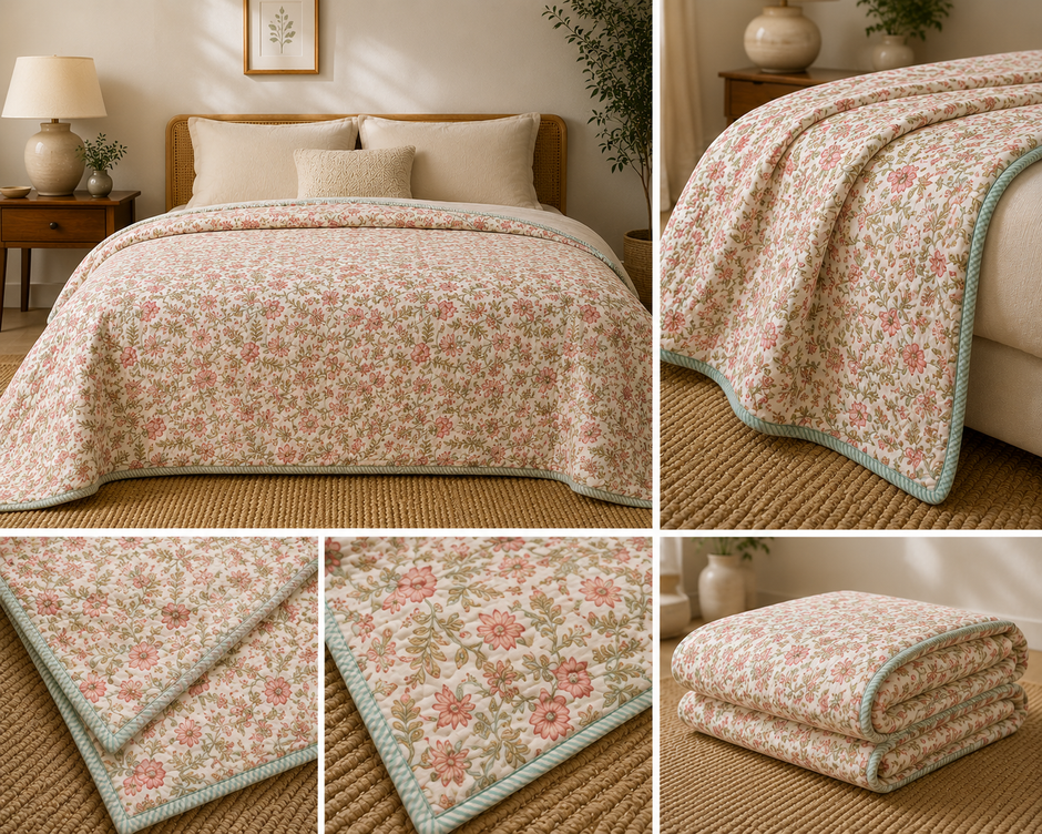 Meadow Bloom Heritage Muslin Cotton Razai – King Size (220 × 240 cm) | 100% Muslin Cotton | Hand Tagai Razai Blanket | 1 Piece