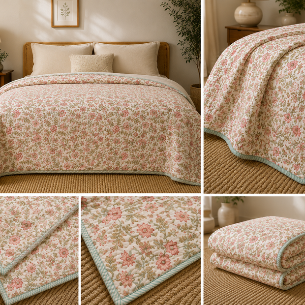 Meadow Bloom Heritage Muslin Cotton Razai – King Size (220 × 240 cm) | 100% Muslin Cotton | Hand Tagai Razai Blanket | 1 Piece