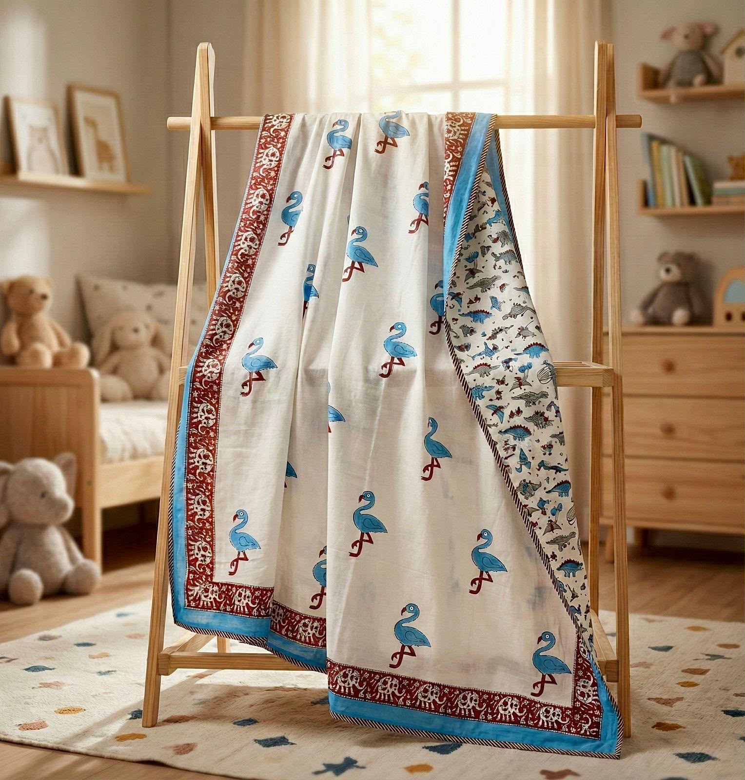 Flamingo & Dino Adventure Reversible Muslin Cotton Kids Dohar – Single Size (60 x 90 inch / 150 x 220 cm) | 100% Muslin Cotton | 1 Piece