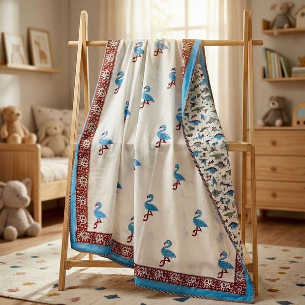 Flamingo & Dino Adventure Reversible Muslin Cotton Kids Dohar – Single Size (60 x 90 inch / 150 x 220 cm) | 100% Muslin Cotton | 1 Piece