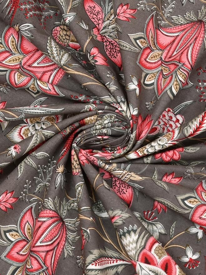 Dark Grey Floral Bird Garden – Jumbo Size Bedsheet (270 x 300 cm) | 100% Jaipuri Cotton | Includes 2 Pillow Covers
