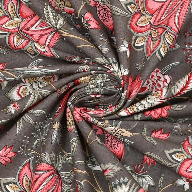 Dark Grey Floral Bird Garden – Super King Size Bedsheet (274 x 274 cm) | 100% Jaipuri Cotton | Includes 2 Pillow Covers