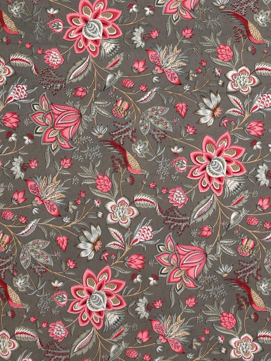Dark Grey Floral Bird Garden – Jumbo Size Bedsheet (270 x 300 cm) | 100% Jaipuri Cotton | Includes 2 Pillow Covers