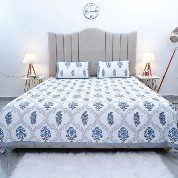 Indigo Lattice Bloom Block Print – Super King Size Bedsheet (274 x 274 cm) | 100% Jaipuri Cotton | Includes 2 Pillow Covers
