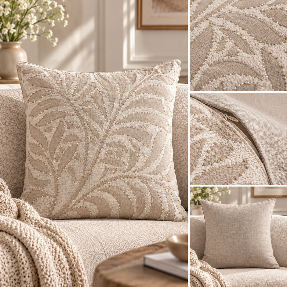 Gulnaar Beige Jaipuri Embroidered Cushion Cover – 52 × 52 cm | Textured Cotton | Botanical Appliqué & Beaded Detailing | 1 Piece