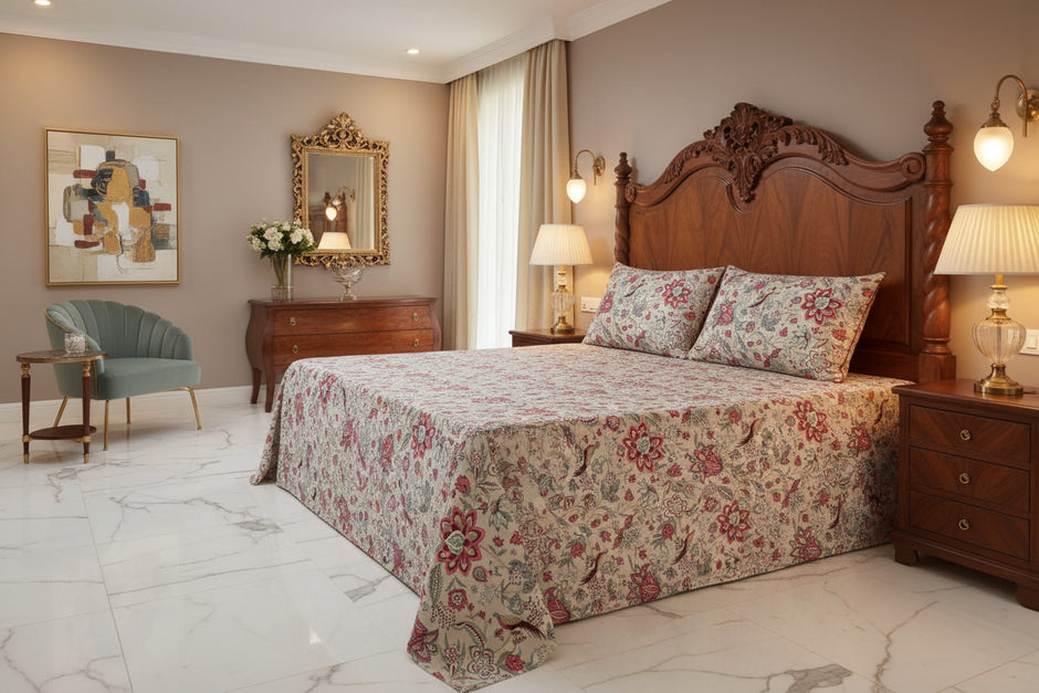 Floral Bird Elegance – Super King XL Size Bedsheet (270 × 290 cm) | 100% Jaipuri Cotton | Includes 4 Pillow Covers